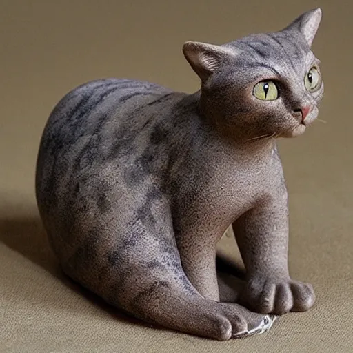 Prompt: medium - shot realistic clay cat, full body, walking, rough, handmade, fingerprints on clay, masterpiece, artistic, museum, highly detailed, hq, by adam beane