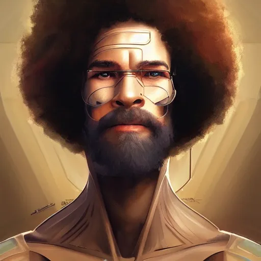 Image similar to portrait of cyborg bob ross intricate, elegant, highly detailed, my rendition, digital painting, artstation, concept art, smooth, sharp focus, illustration, art by artgerm and greg rutkowski and alphonse mucha and uang guangjian and gil elvgren and sachin teng, symmetry!!