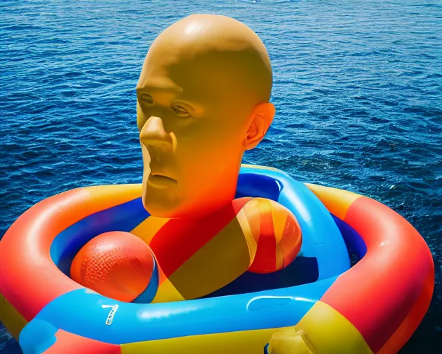 Image similar to a long shot of a giant award winning sculpture made out of inflatable pool toys in the shape of a human head, on the surface of the ocean, in the style of chad knight, hyper detailed, hyper realistic, ray tracing, 8 k resolution, sharp focus, realistic water