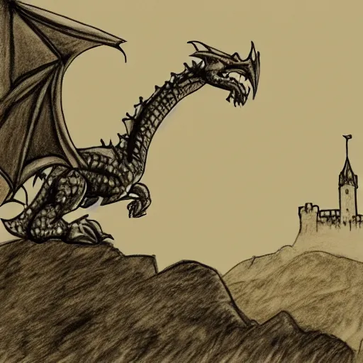 Image similar to welsh dragon above a castle on a hill, pencil work