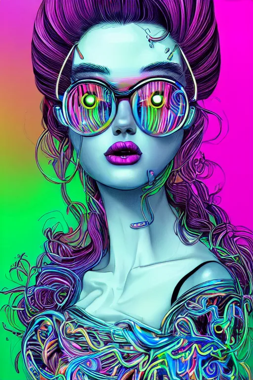 Image similar to a award winning portrait of a beautiful woman with stunning eyes in a one off shoulder croptop and cargo pants with rainbow colored hair, outlined by whirling illuminated neon lines and fine lines swirling in circles by joe fenton, digital art, trending on artstation