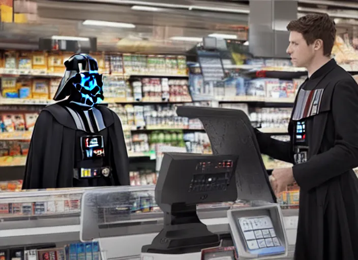 Image similar to film still of Darth Vader working as a cashier at a grocery store in the new Star Wars movie, 4k