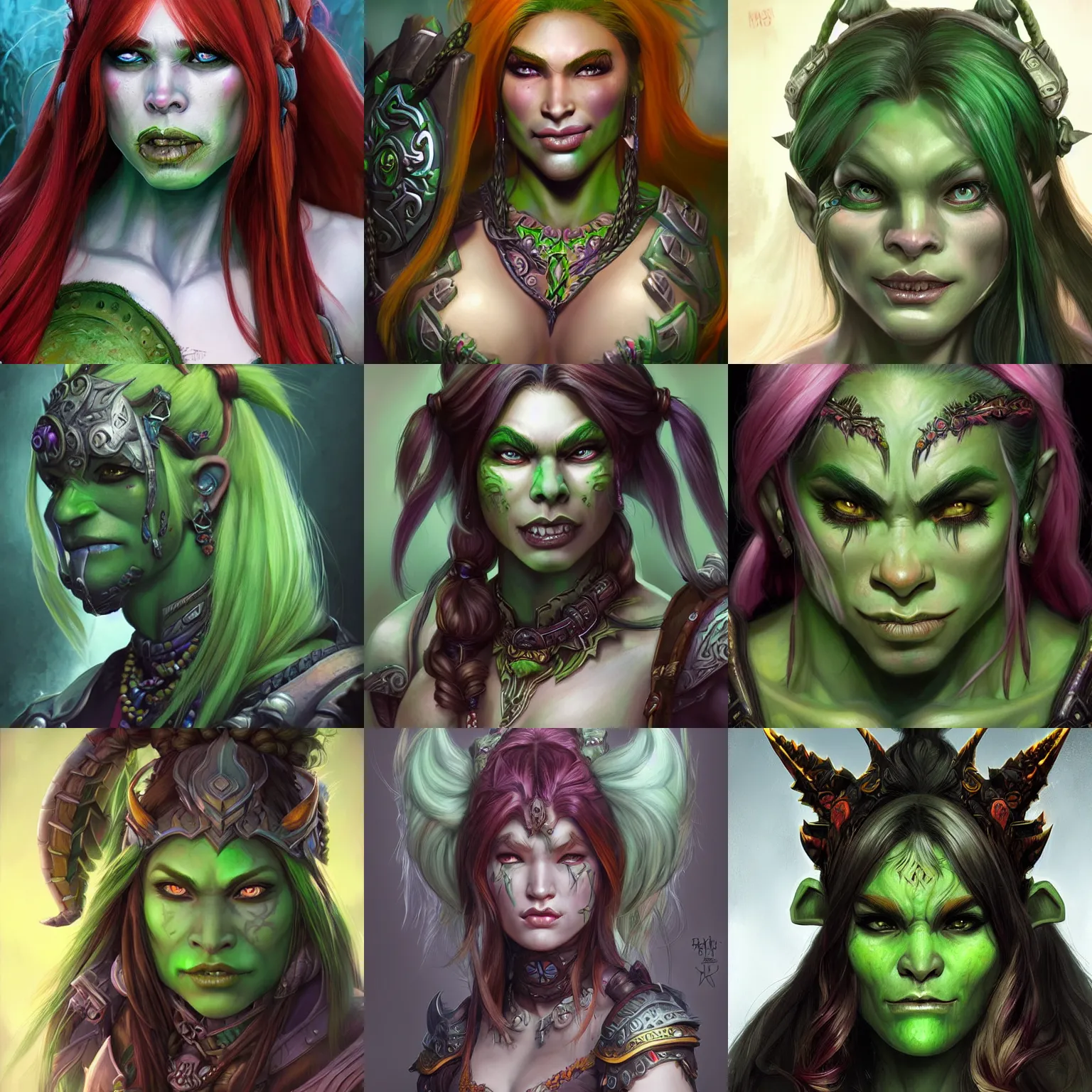 Prompt: beautiful greenskin orc girl with multicolored hair character world of warcraft portrait, concept art, intricate details, highly detailed photorealistic portrait in the style of adam hughes, seseon yoon, artgerm and warren louw