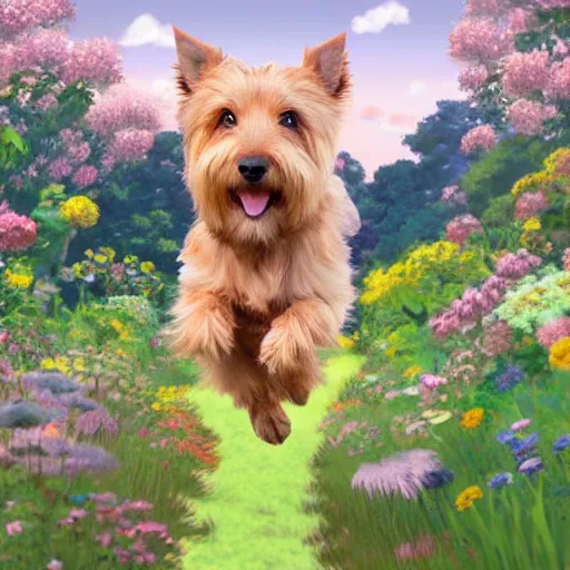 Prompt: A blond Norfolk terrier running and jumping through a field of beautiful flowers in the style of Studio Ghibli, anime, very happy, detailed, award winning