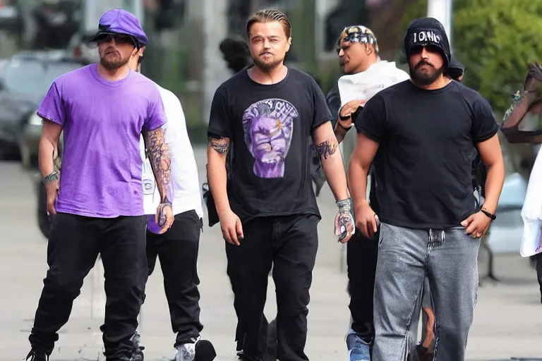 Image similar to medium full shot of leonardo dicaprio as a gang member wearing a purple head covering made from a polyester or nylon material and a stained white tank top caught sliding on a opp, arms covered in gang tattoo, paparazzi, leaked footage, uncomfortable, bad quality