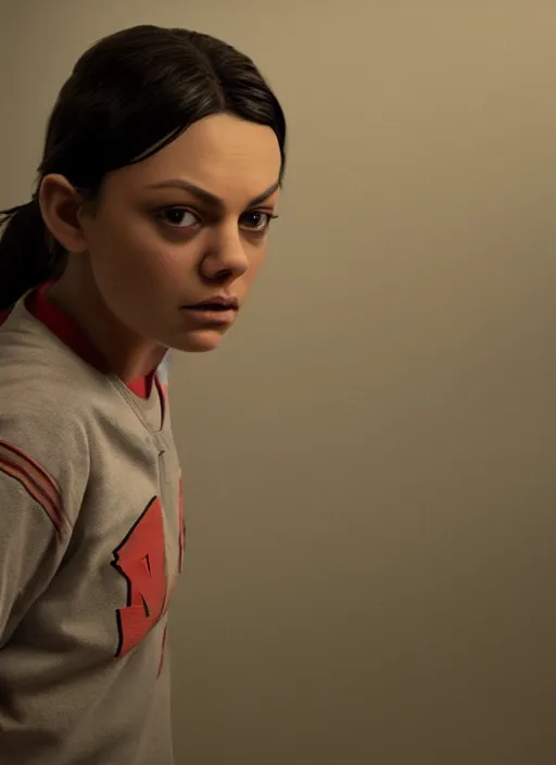 Image similar to Mila Kunis cast as Eleven, still from Stranger Things movie, hyperrealistic, 8k, Octane Render,