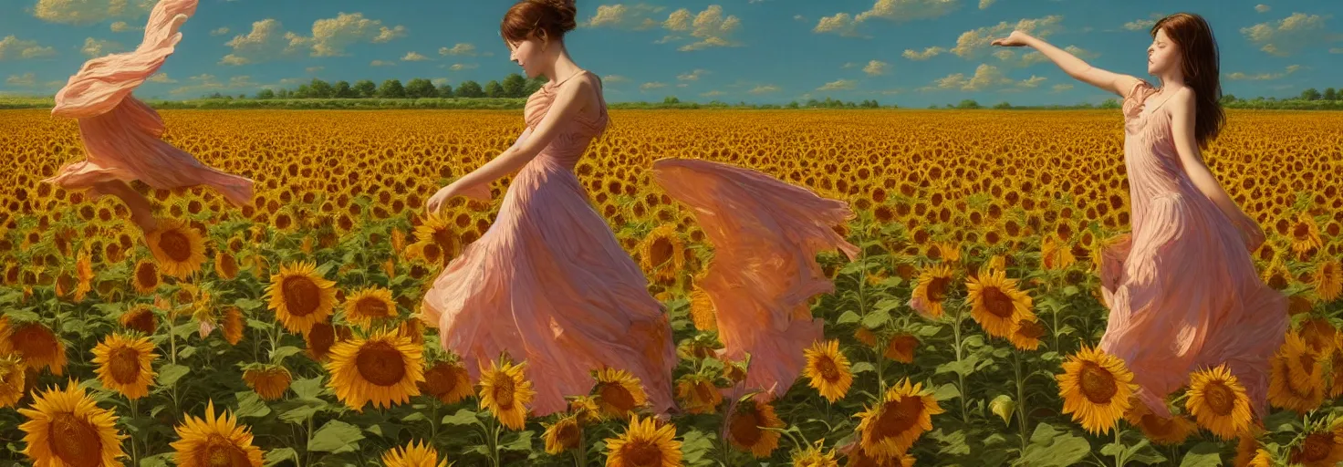 Image similar to beautiful young girl dancing in a fiery dress in a beautiful field of sunflowers and lilies, high detail, very realistic, by greg rutkowski, by james gurney ultra clear detailed, digital painting by ( ( makoto shinkai ) ), moebius moebius, surrealism, trending on artstation