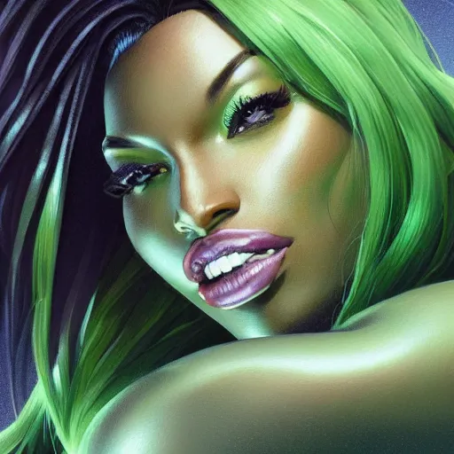 Image similar to full figure ultra realistic illustration, megan thee stallion as she - hulk, intricate, elegant, highly detailed, digital painting, artstation, concept art, smooth, sharp focus, illustration, art by artgerm and greg rutkowski and alphonse mucha