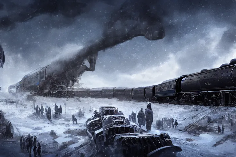 Image similar to a grand intricate futuristic black steam train next to a giant mammoth, post - apocalyptic ice landscape in snowstorm, concept art, artstation, highly detailed, digital art