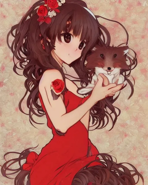 Image similar to A cute frontal fullbody painting of a beautiful anime skinny foxgirl with curly brown colored hair and fox ears on top of her head wearing a cute red dress with rose symbolic sitting on the stone looking at the viewer, elegant, delicate, soft lines, higly detailed, smooth , pixiv art, ArtStation, artgem, art by Gil Elvgren alphonse mucha and charles reid, high quality, digital illustration, concept art