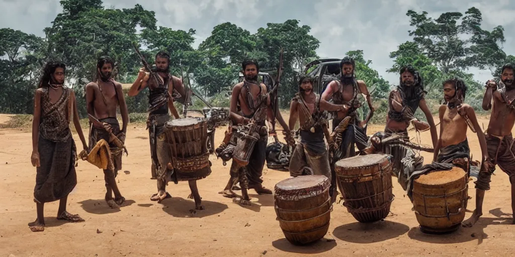 Image similar to sri lankan mad max style, playing bongo drum, film still, epic shot cinematography, rule of thirds