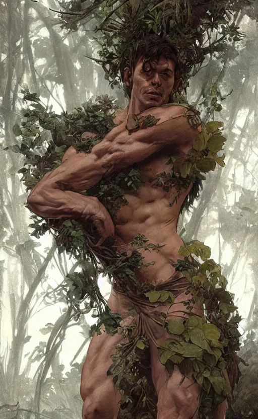 Image similar to god of the forest, 3 0 years old, rugged, handsome, male, detailed face, clean lines, atmospheric lighting, amazing, full body, thighs, flowers, muscular, intricate, highly detailed, digital painting, deviantart, concept art, sharp focus, illustration, art by greg rutkowski and alphonse mucha