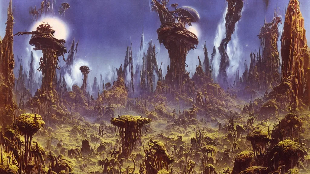 Image similar to surreal eerie alien planet empire with strange biomechanical plants by frank frazetta and bruce pennington, cinematic matte painting