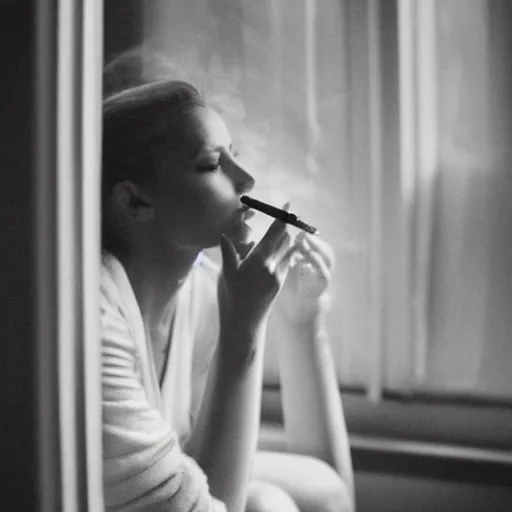 Image similar to black and white fashion photo of a model woman smoking a cigarette by the window