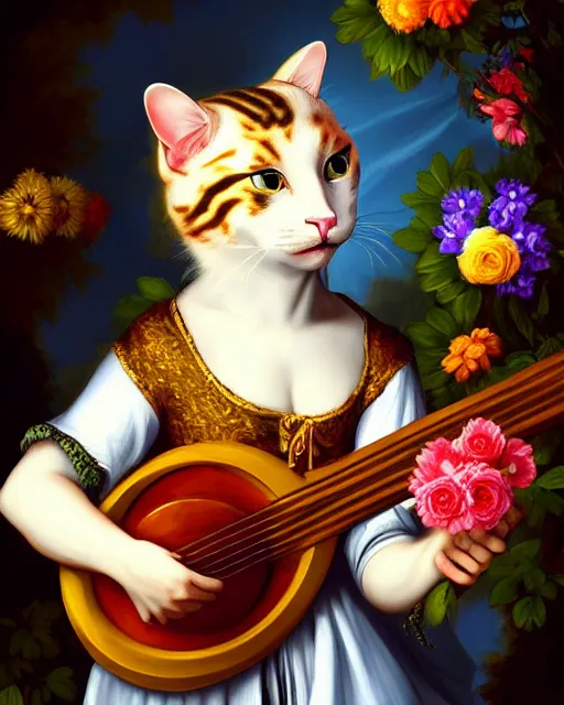 Prompt: baroque portrait of a anthropomorphic cat playing a lute, bright, garden with flowers, digital art, dnd character, award winning