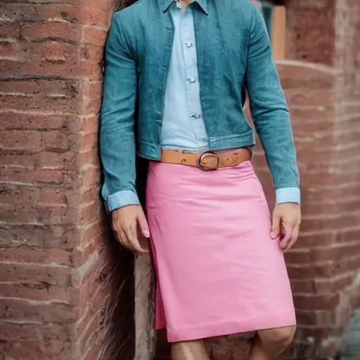 Prompt: A handsome young man wearing a very feminine skirt and a pink crop top