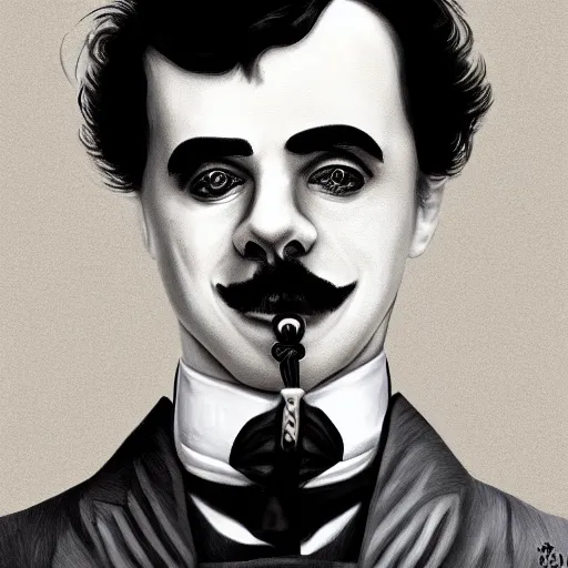 Image similar to jack dorsey as charlie chaplin, funny grimase, closeup, highly detailed, digital painting, artstation, sharp focus