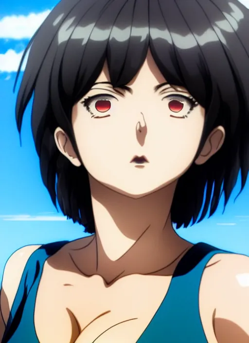 Image similar to film still portrait of fubuki from one punch man, wearing two - piece swimsuit, closeup at the faces, by ilya kuvshinov, finely detailed feature, anime, perfect art, deroo, pixiv top monthly, trending on artstation, cinematic, danbooru, zerochan art, kyoto animation
