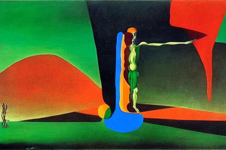 Image similar to born under a bad sign, good luck and trouble are my only friends, colors orange, white!!, dark green, dark blue, surreal abstract painting by salvador dali