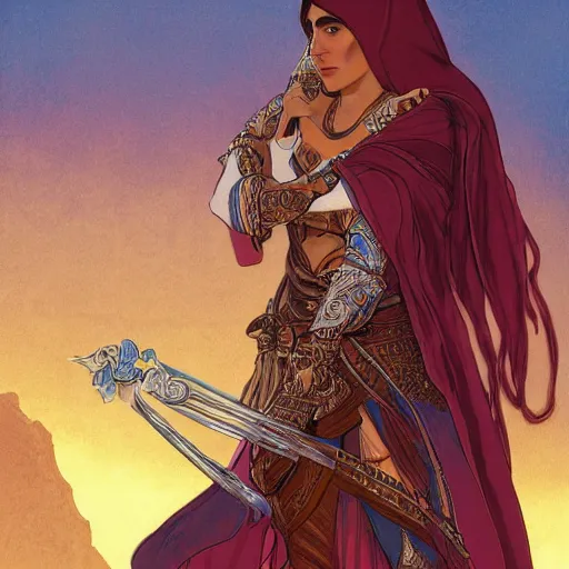 Image similar to Emeth the elven desert bandit. Arabian style. Epic portrait by james gurney and Alfonso mucha (lotr, witcher 3, dnd, dragon age, gladiator, scoia'tael).