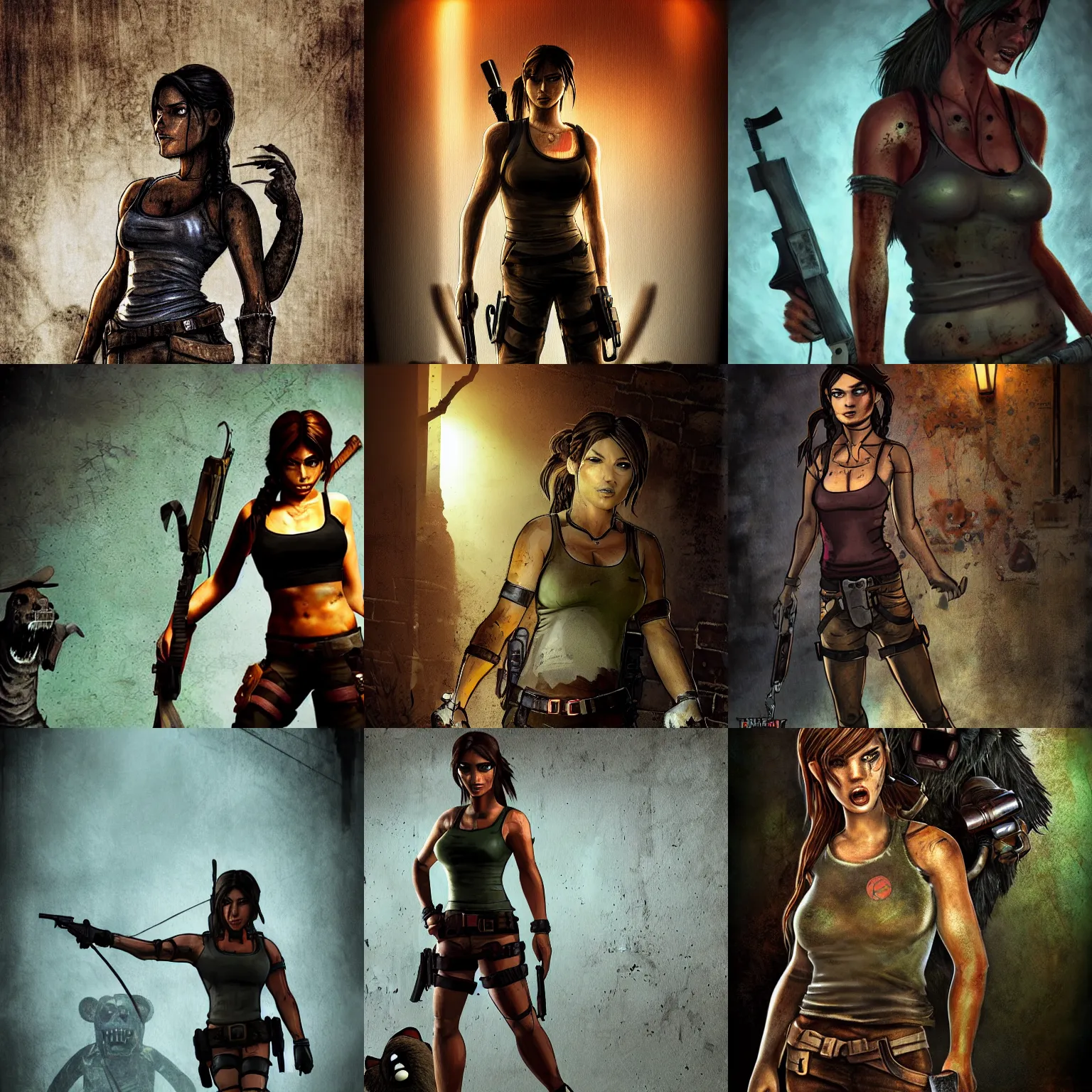 Prompt: Lara Croft meets Freddy Fazbear, scary, dark, abandoned restaurant, gloomy, promotional artwork, advertisement, closeup