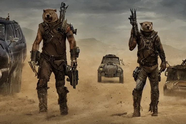 Image similar to a good ol'otter fursona ( from the furry fandom ), heavily armed and armored facing down armageddon in a dark and gritty version from the makers of mad max : fury road. witness me.