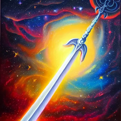 Prompt: facing the dark star with a sword in hand, galactic nebular astral realm sacred journey in oil painting, trending on artstation, award winning, emotional, highly detailed surrealist art