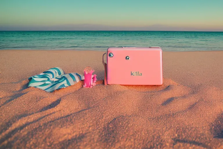 Prompt: a vintage family holiday photo fuji kodak of an empty beach shore with pastel pink sand reflective metallic water and sunbathing equipment at dusk.