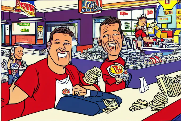 Prompt: Tim Dillon working at Burger King because he lost all of his money leverage trading bitcoin, mike judge art style, 90s mtv illustration