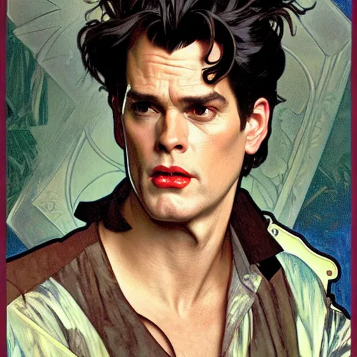 Prompt: full portrait of ace ventura as a noir detective, fantasy, d & d, intricate, detailed, by by alphonse mucha, adolfo hohenstein, alice russell glenny, stanley artgerm lau, greg rutkowski, detailed, trending on artstation, trending on artstation, smooth