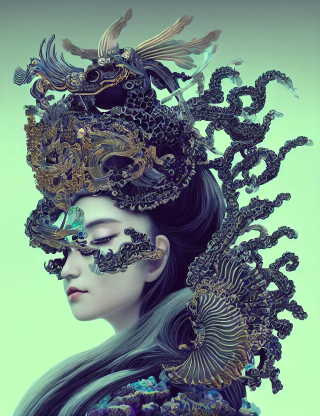 Image similar to 3 d goddess close - up profile portrait with crown, ram skull. beautiful intricately detailed japanese crow kitsune mask and clasical japanese kimono. betta fish, jellyfish phoenix, bio luminescent, plasma, ice, water, wind, creature, artwork by tooth wu and wlop and beeple and greg rutkowski