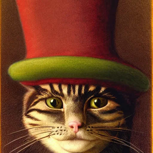 Image similar to mike myers as the cat in the hat painted by brian froud, side - lit, sepia - toned