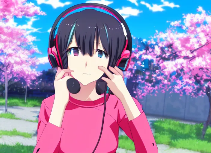 Prompt: A screenshot of An anime gamer girl wearing headphones under sakura tree