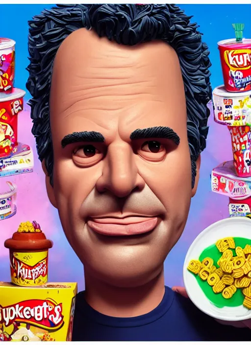 Prompt: hyperrealistic mark ruffalo on a cereal box with a trippy surrealist mark ruffalo portrait with big fat sausages and dart boards by aardman animation and Kotobukiya