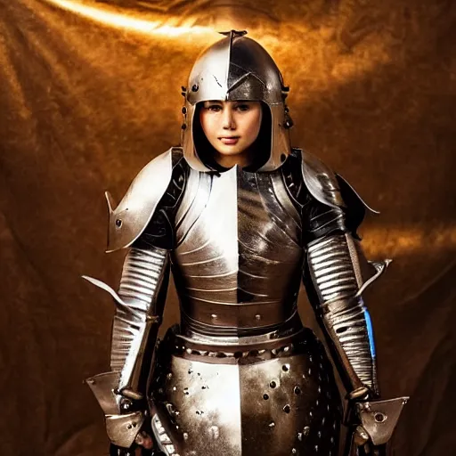 Image similar to a beautiful female knight in a light leather armor without any battle experience who only came to see a dragon, symmetrical, cinematic, real photography