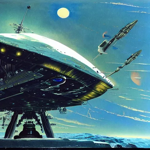 Prompt: scout spaceship with 100-ton hull used for exploration survey and courier duties, peter elson, chris foss, john berkey, tony roberts, jim burns, don davis, noir