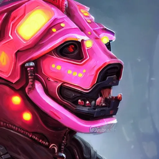 Image similar to helmet lion cyberpunk made of pink lava and fire marvel comics style, profile portrait, cyberpunk fashion, realistic shaded perfect face, fine details, very dark environment, misty atmosphere, closeup, d & d, fantasy, intricate, elegant, highly detailed, digital painting, artstation, concept art, matte, sharp focus, illustration, hearthstone