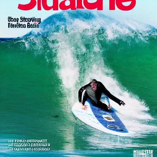 Image similar to stephen hawking catching a wave, cover of surfer magazine, july 2 0 1 1