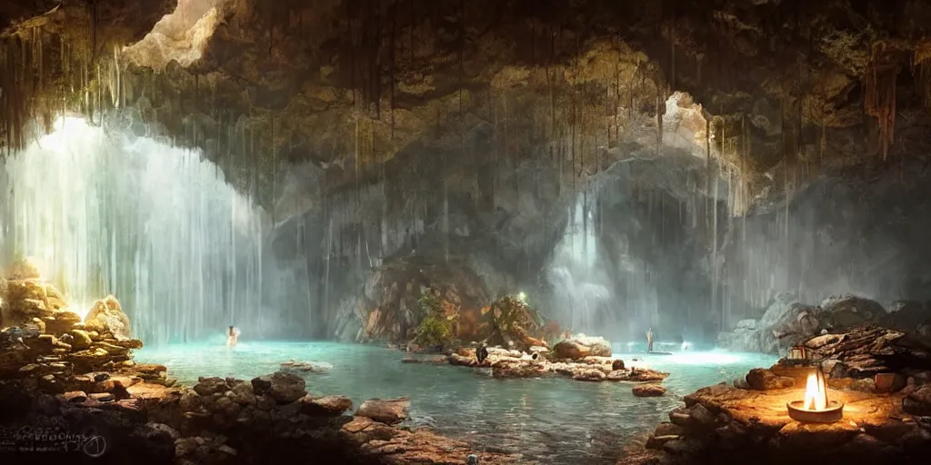 Image similar to detailed interior of cozy hotsprings hidden inside a cave, small waterfalls, lush vegetation, flowers, towels, plates of fruit, candlelight, digital painting, concept art, light shafts, stunning atmosphere, by Greg Rutkowski, cinematic lighting