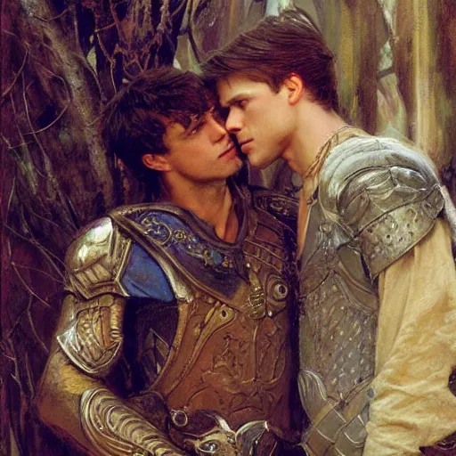 Image similar to attractive male arthur pendragon confesses his love to attractive male merlin. highly detailed painting by gaston bussiere, craig mullins, j. c. leyendecker 8 k