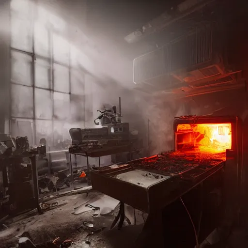 Image similar to original commodore 6 4, dark messy smoke - filled cluttered workshop, dark, dramatic lighting, orange tint, cinematic, highly detailed, sci - fi, futuristic, movie still