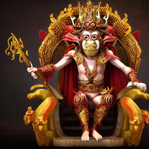 Image similar to monkey king godly lord of monkeys, wearing a crown, holding a staff, sitting in throne, dark lighting, dim lightning, red eyes, gothic dark style 8 k render high detail