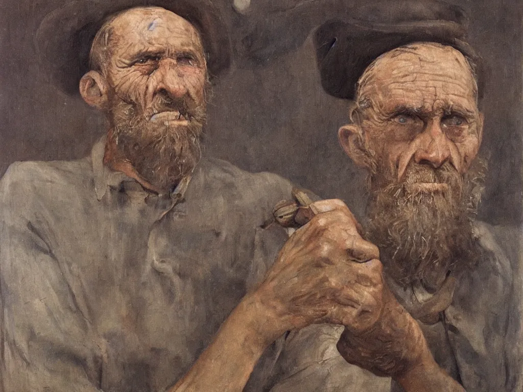 Image similar to portrait of an aged woodcutter. painting by borremans