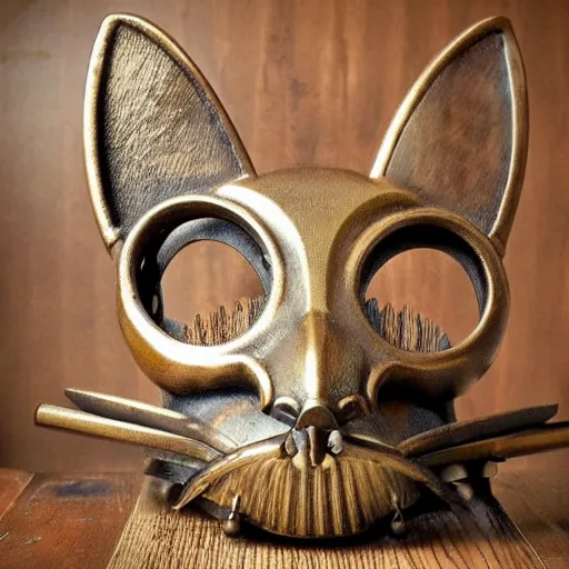 Prompt: steampunk robotic cat head, bronze, gears, on a wooden table