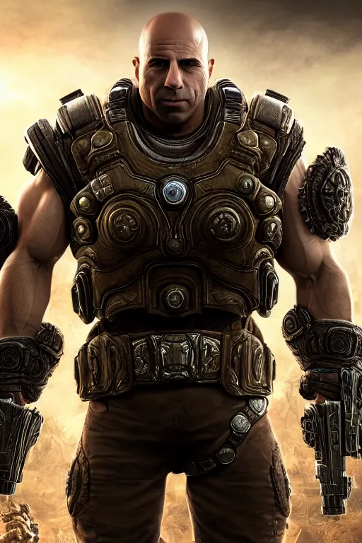 Image similar to Joe Rogan as a smiling muscular Gears of War character, photorealism, full body, HDR ambient background, unreal engine 5, hyperrealistic, highly detailed, XF IQ4, 150MP, 50mm, F1.4, ISO 200, 1/160s, cinematical light, Adobe Lightroom, photolab, Affinity Photo, PhotoDirector 365, realistic