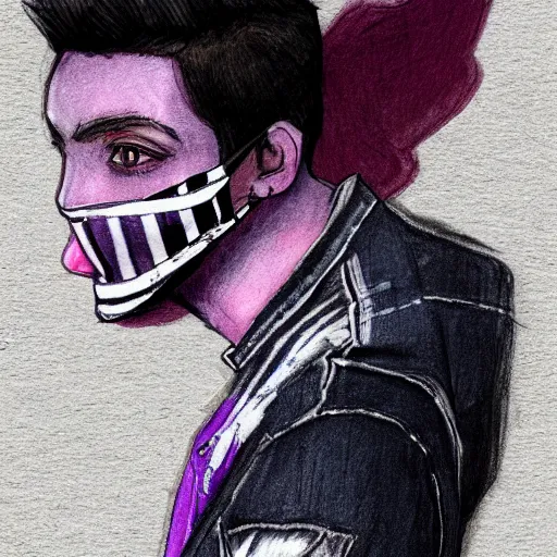 Prompt: professional sketch of a full-body view of a stylish young adult man with short hair wearing a black face mask, a striped long-sleeved shirt, and ripped jeans, high quality, HD, 8K, highly detailed, award-winning, dark purple clouds