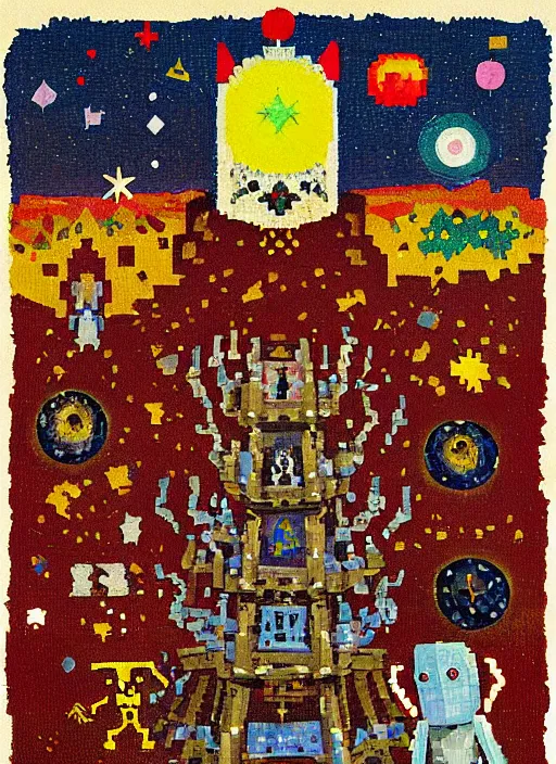 Image similar to pixel decollage painting tarot lovers card composition tower of babel road red armor maggot bear and wonky alien frog skeleton knight on a horse in a dark red cloudy night sky with golden foil jewish stars and diamonds, mountain lake and blossoming field in background, painted by Mark Rothko, Helen Frankenthaler, Danny Fox and Hilma af Klint, pixelated, neo expressionism, semi naive, pastel colors, cinematic, color field painting, cave painting, voxel, pop art look, outsider art, minimalistic. Bill Traylor painting, part by Philip Guston, Amano and Francis Bacon. art by Adrian Ghenie and Storm Thorgerson, very coherent symmetrical artwork, cinematic, hyper realism, high detail, octane render, unreal engine, Smooth gradients, depth of field, full body character drawing, extremely detailed, 8k, extreme detail, intricate detail, masterpiece