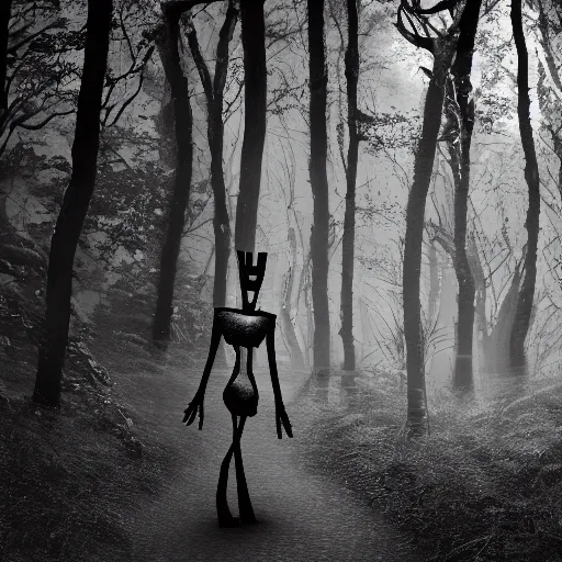 Image similar to black and white tall skinny humanoid creature in a dark forest at night, extremly detailed, 8 k, sharp focus