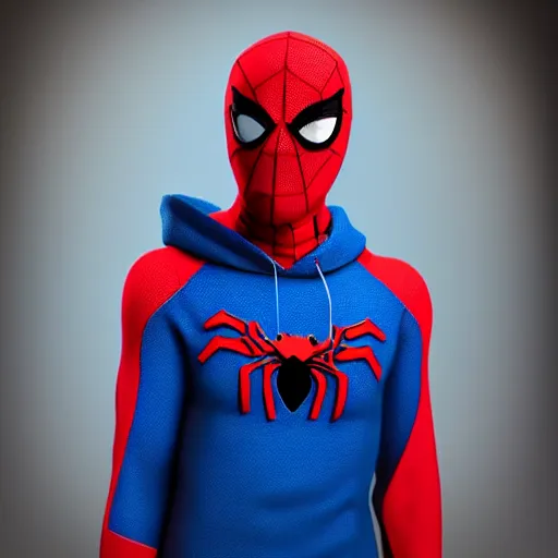 Image similar to fully red spider-man with blue hoodie, 4k realistic photo