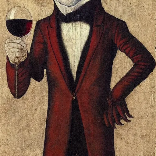 Image similar to portrait painting of the groot as a gentleman wearing tuxedo drinking wine, style by leonardo da vinci, masterpiece, artwork